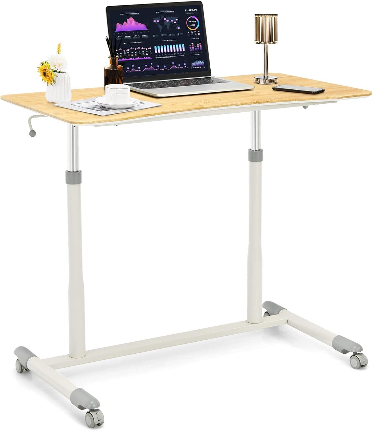 Goplus Height Adjustable Computer Desk Sit Stand Rolling Notebook Table Natural