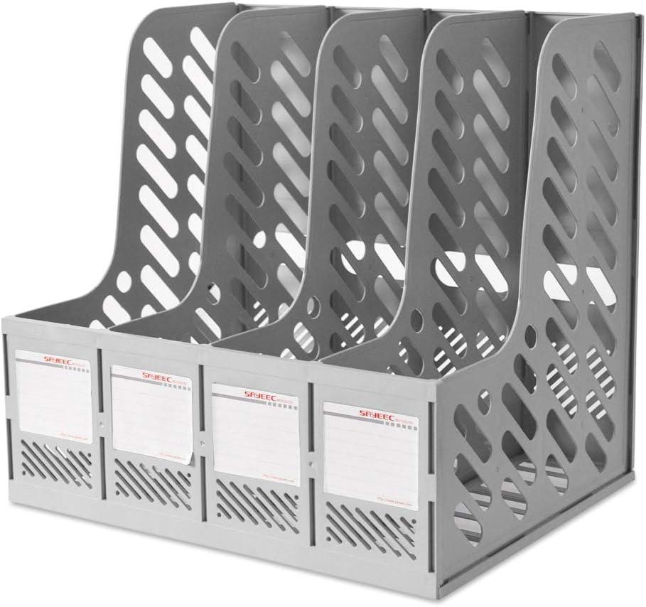 SAYEEC File Holder Plastic Magazine Organizer for Desk Vertical 4 Compartment Binder Folder for Office Home Storage,Gray