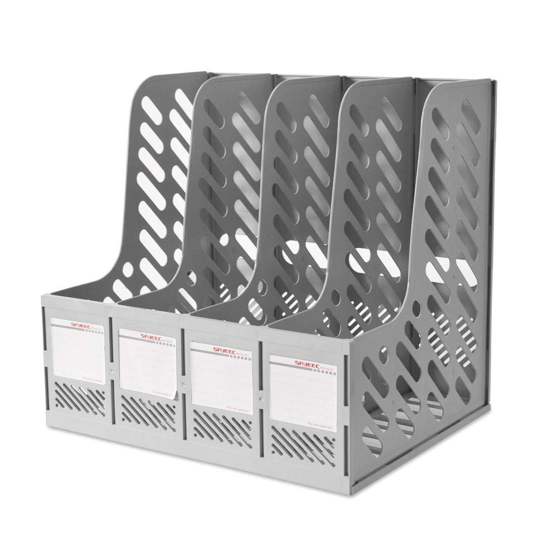 SAYEEC File Holder Plastic Magazine Organizer for Desk Vertical 4 Compartment Binder Folder for Office Home Storage,Gray