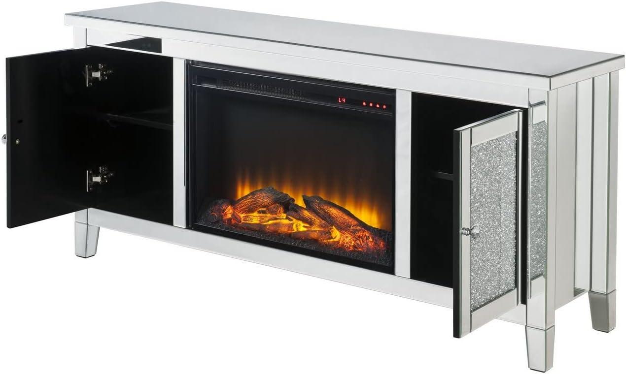 Silver Mirrored TV Stand with Electric Fireplace and Cabinet
