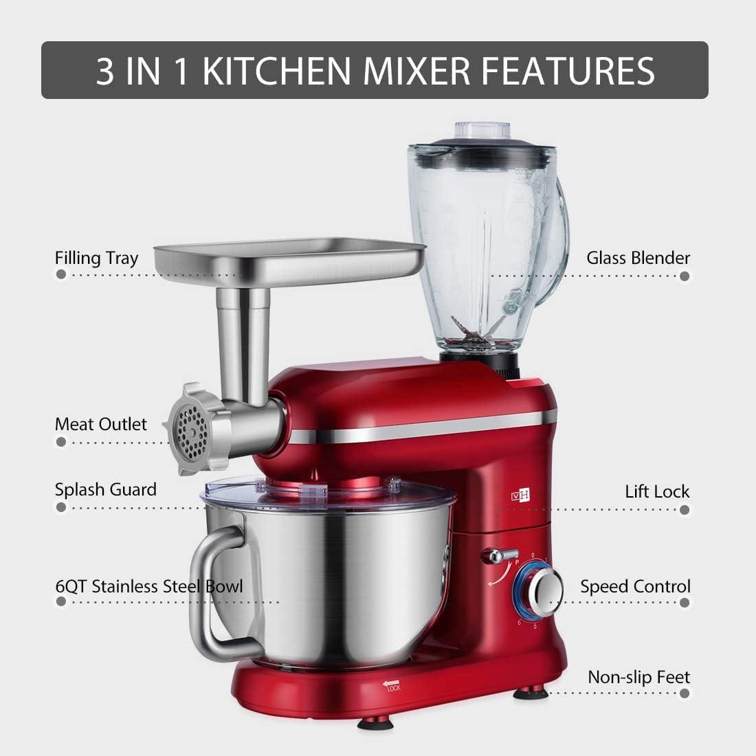 6 QT. 6 Speed 3 in 1 Multifunctional Stand Mixer with Meat Grinder and Juice Blender