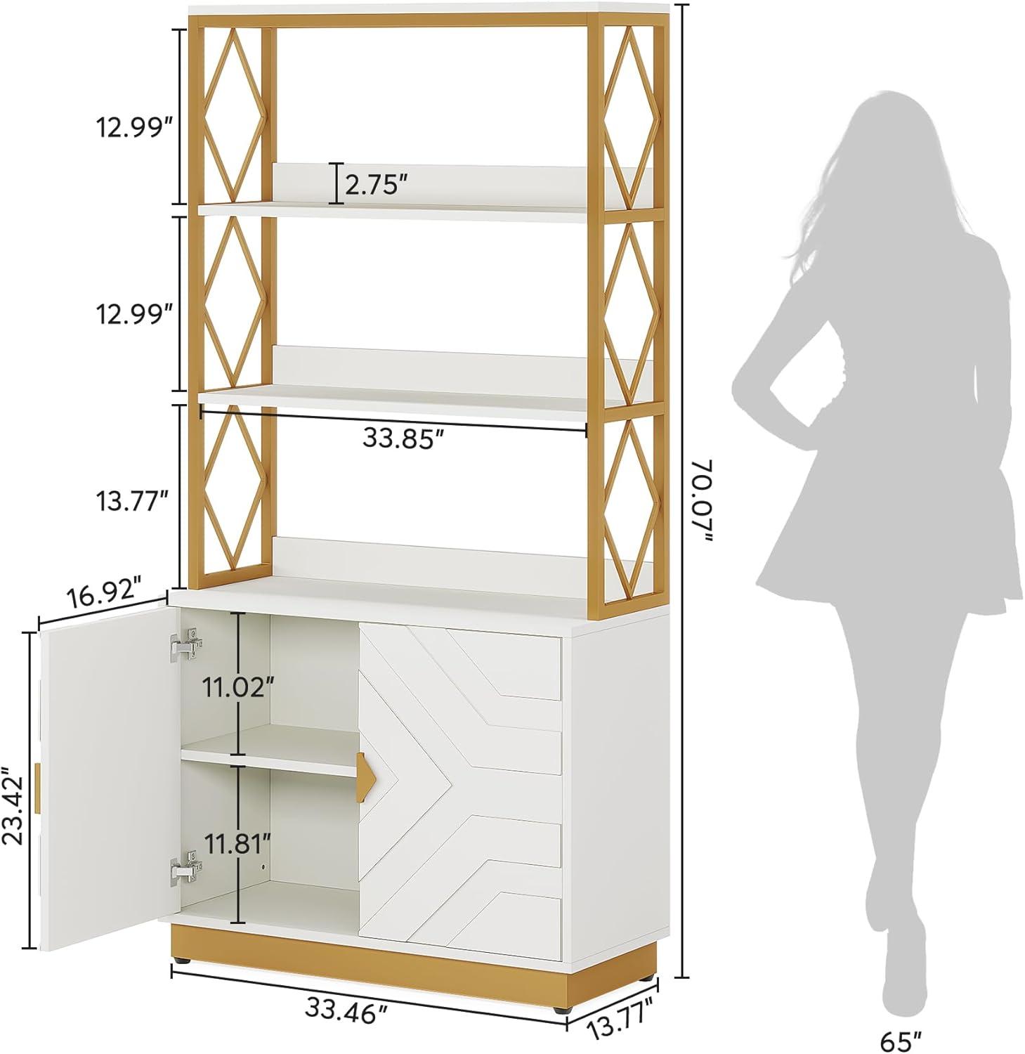 Tribesigns 71" Tall Etagere Bookcase with 3 Shelves 2 Cabinets, White and Gold Bookshelf with Doors, Modern Open Display Bookshelf for Living Room Bedroom Office