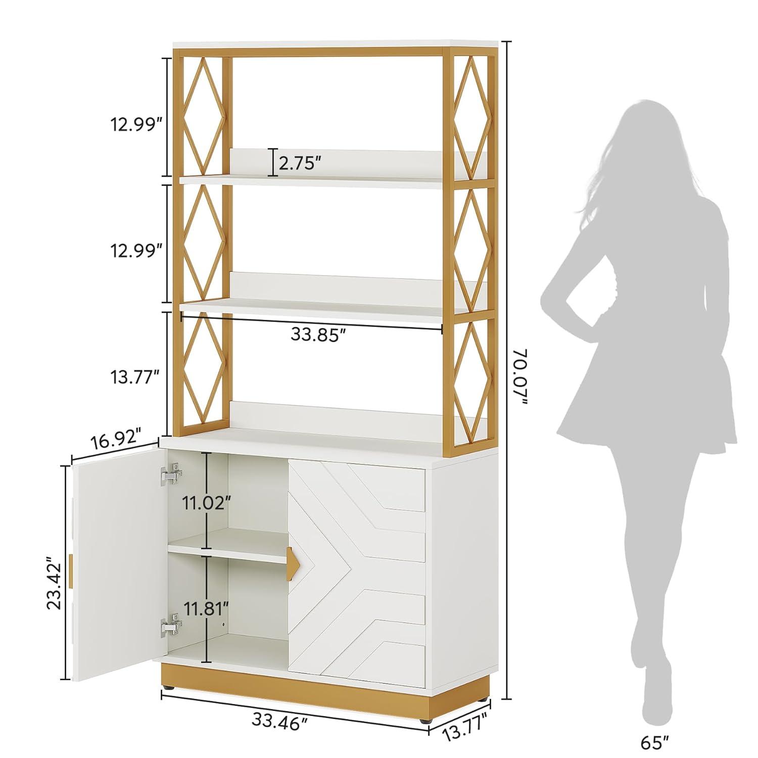 Tribesigns 71" Tall Etagere Bookcase with 3 Shelves 2 Cabinets, White and Gold Bookshelf with Doors, Modern Open Display Bookshelf for Living Room Bedroom Office