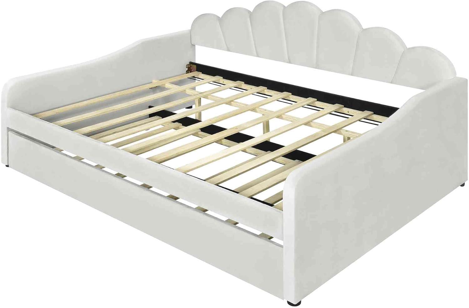 ATY Full Size Upholstery Daybed with Trundle and Backrest, Shall Shaped Bedframe, Sofa Design, for Bedroom, Guestroom, Small Space, Beige