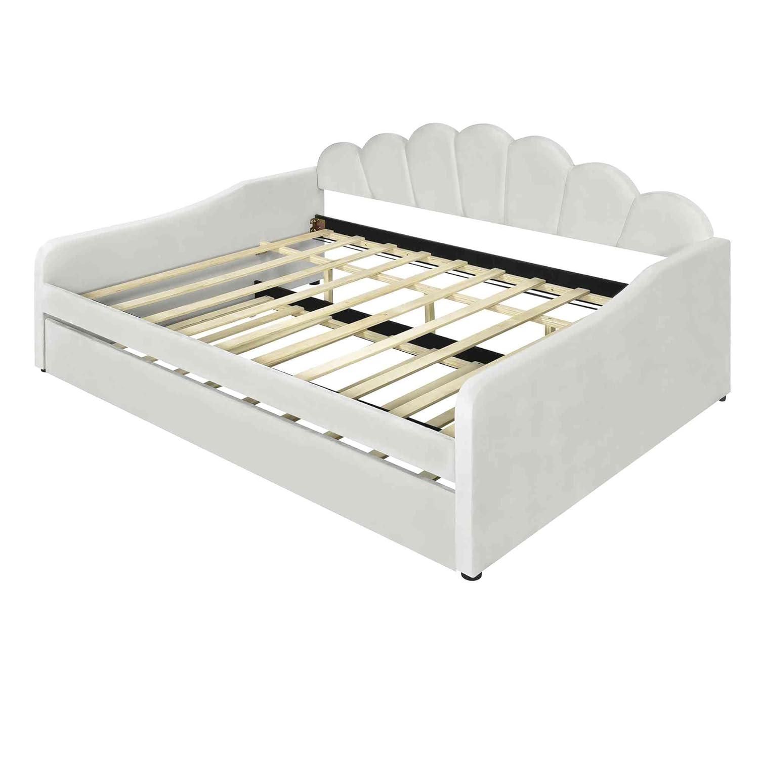 ATY Full Size Upholstery Daybed with Trundle and Backrest, Shall Shaped Bedframe, Sofa Design, for Bedroom, Guestroom, Small Space, Beige
