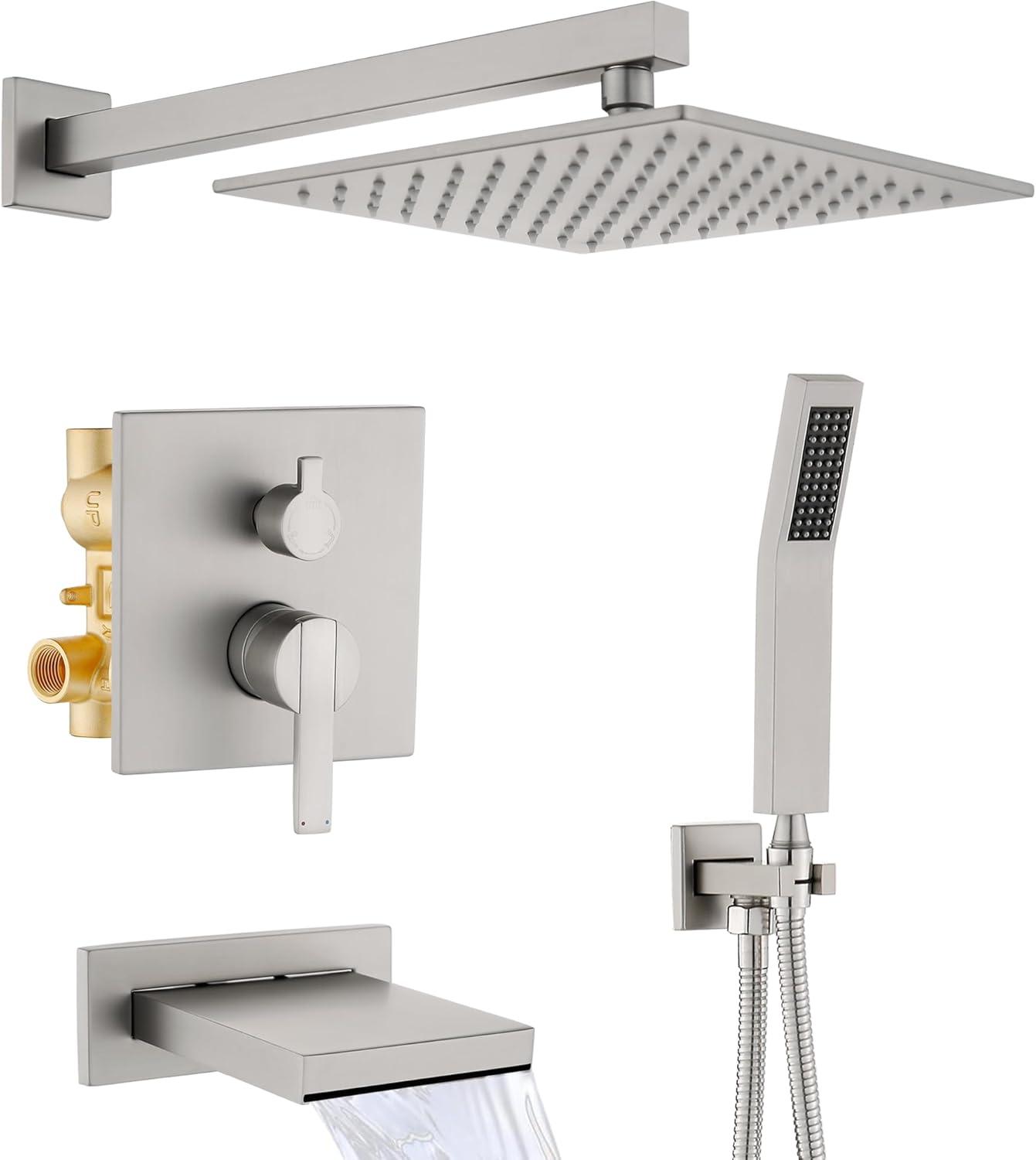 AWZTOO Wall Mounted Shower Faucet With Hand Shower Modern Shower System Set 10 Inch Rainfall Shower Head With Pressure Balance Valve Brushed Nickel