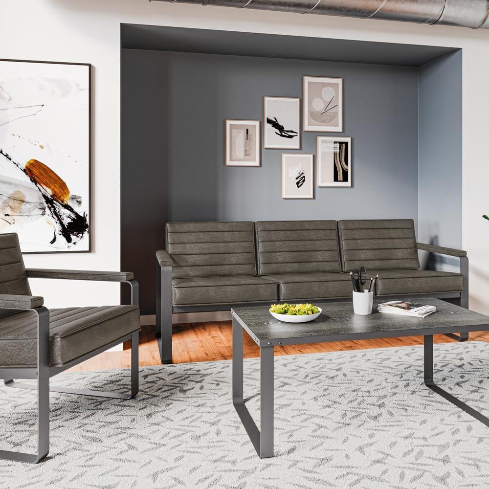 Gray Polyurethane Three-Seat Reception Sofa with Metal Frame