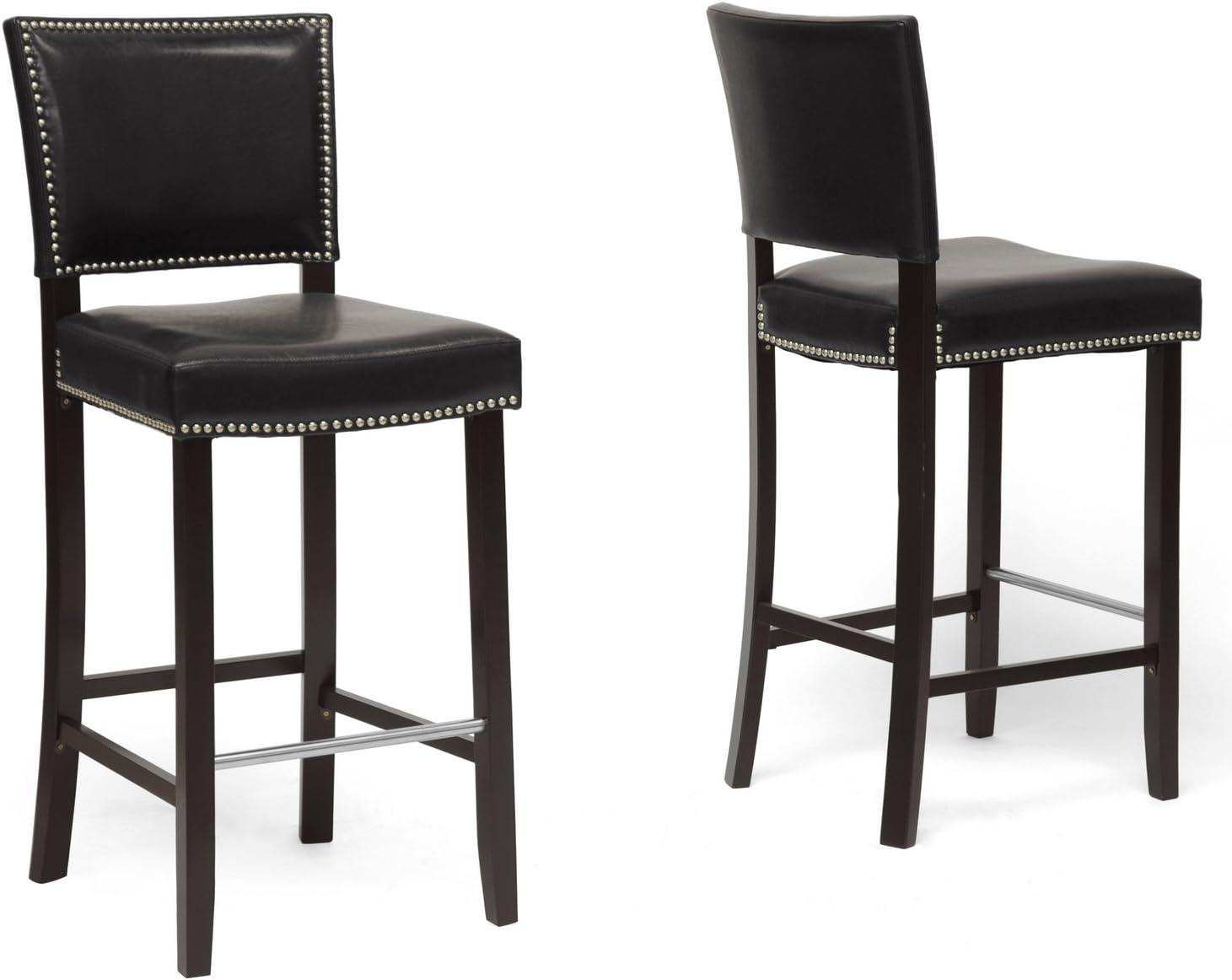 Aries Black Faux Leather Modern Barstool with Silver Nailhead Trim - Set of 2