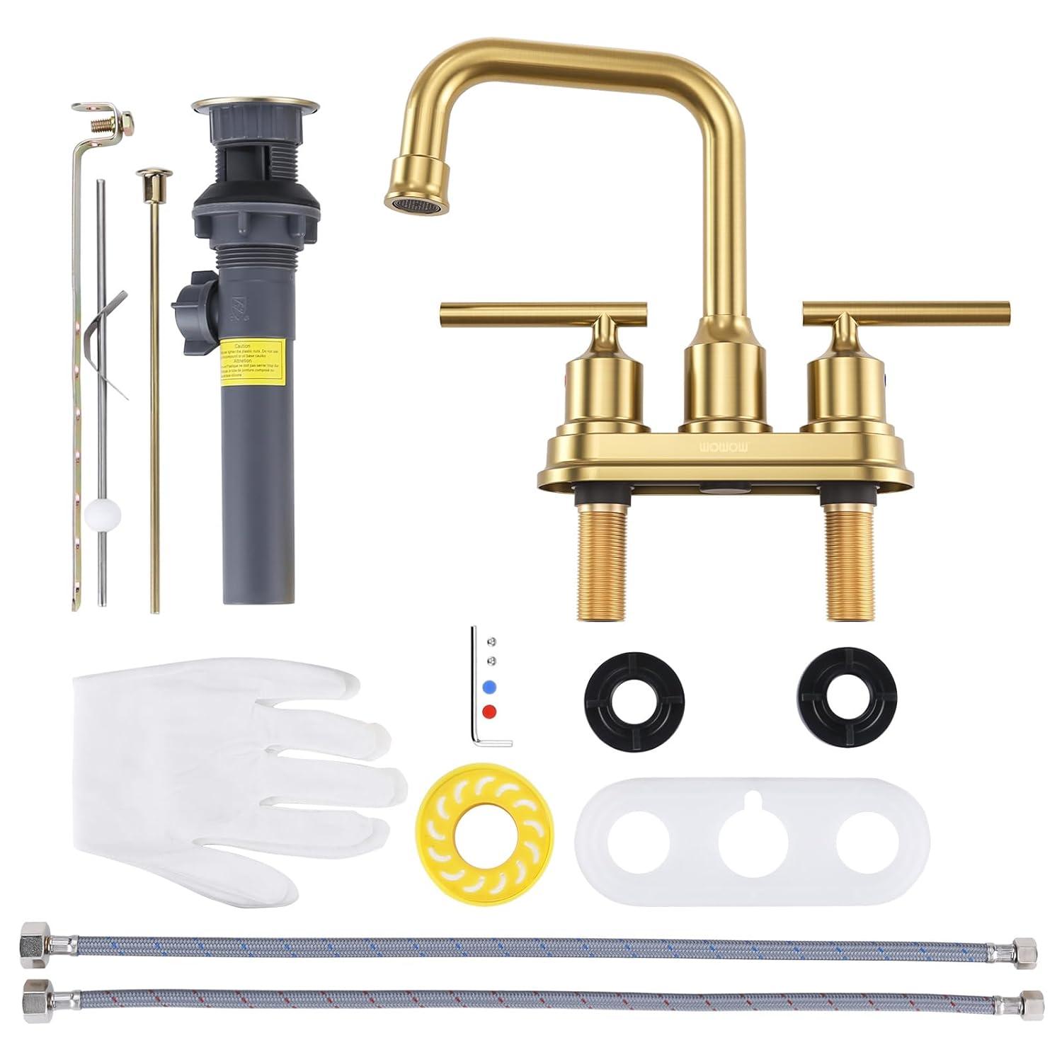 WOWOW Brushed Gold Bathroom Faucet 4 inch Bathroom Sink Faucet 3 Hole RV Sink Tap 2 Handle Vanity Taps with Drain Assembly Centerset Lavatory Mixer 360-Degree Swivel Spout
