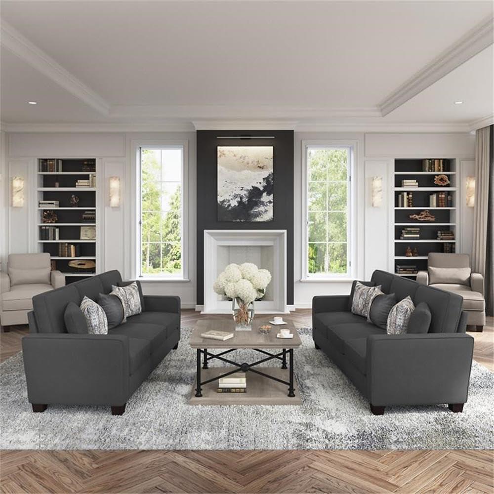 Stockton Chaise Lounge with Arms in Charcoal Gray Herringbone Fabric