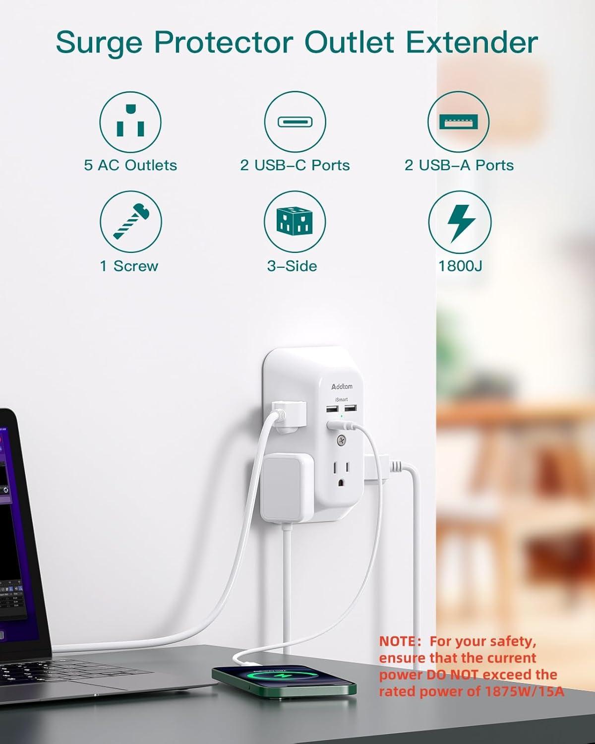 Surge Protector Outlet Extender - Addtam 5-Outlet Splitter with 4 USB Wall Charger(2 USB-C Ports), Multi Plug Outlet Power Strip for Home, Dorm Room Essentials