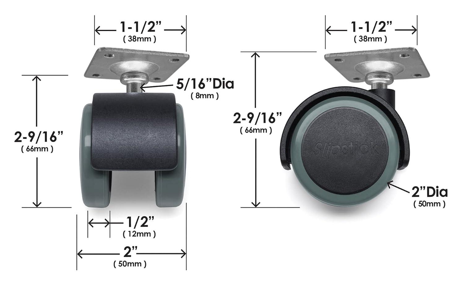 Slipstick 2-Inch Black and Gray Rubber Swivel Caster Wheels Set