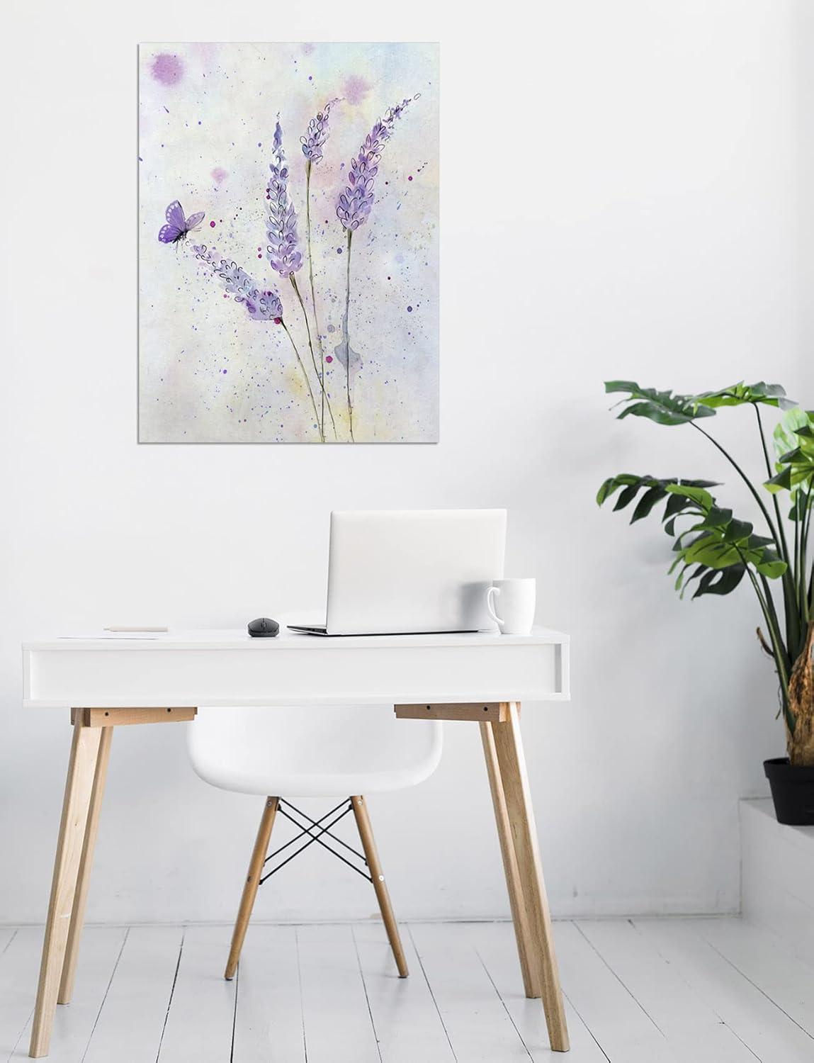 HVEST Lavender Canvas Wall Art Butterfly with Purple Flower Artwork Elegant Paintings for Living Room Bedroom Bathroom Wall Decor,Stretched and Framed Ready to Hang,12x16 inches