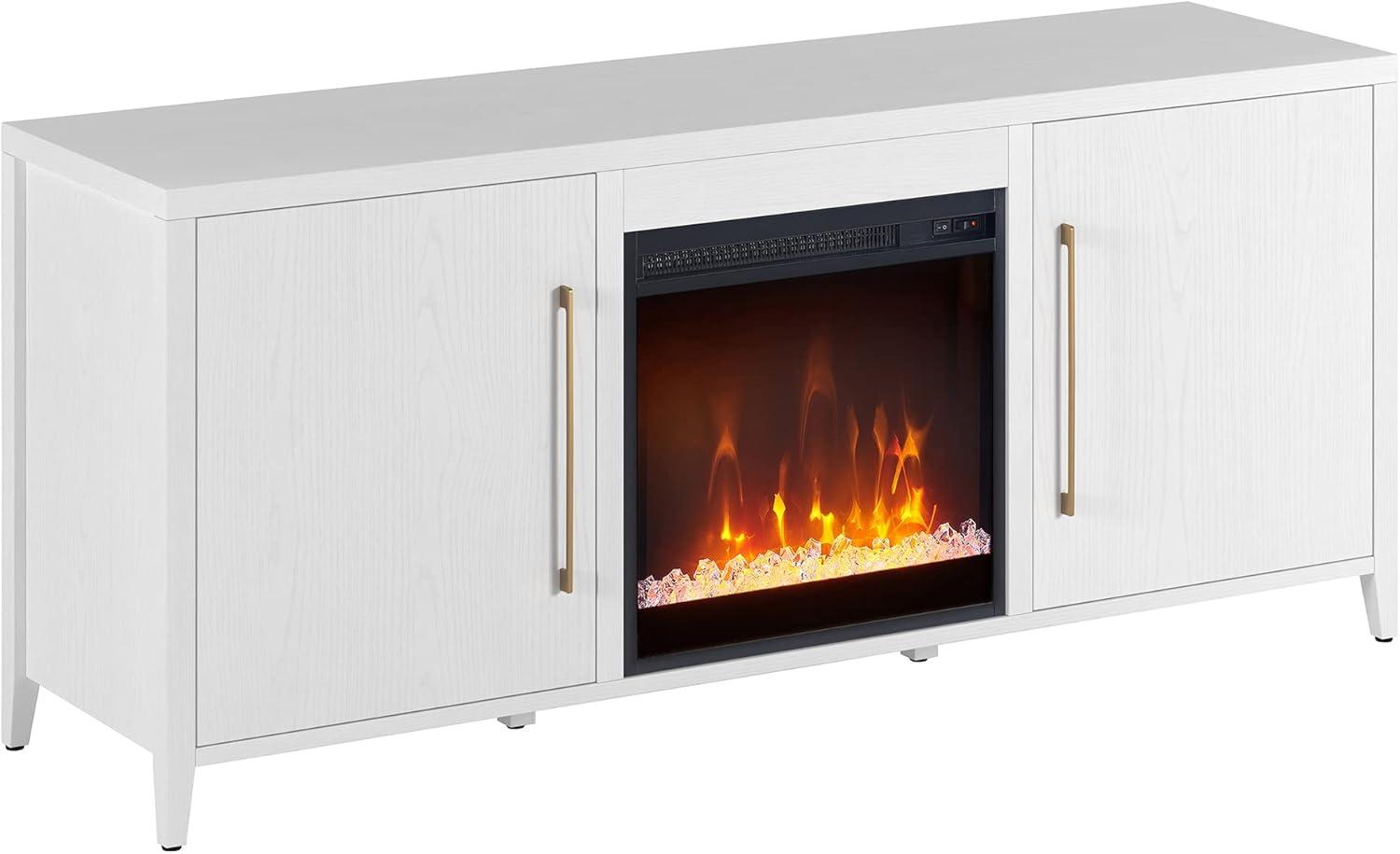 White MDF TV Stand with Crystal Fireplace and Storage Cabinets