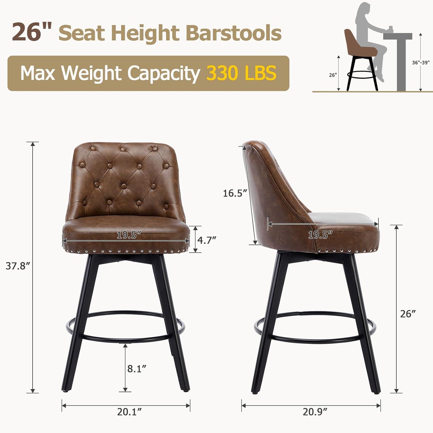 Counter Bar Stools Set of 2, Modern Swivel Bar Stools with Back and Wood Legs, 26" H Upholstered Bar Chair for Kitchen Island Home Bar, Leather Brown