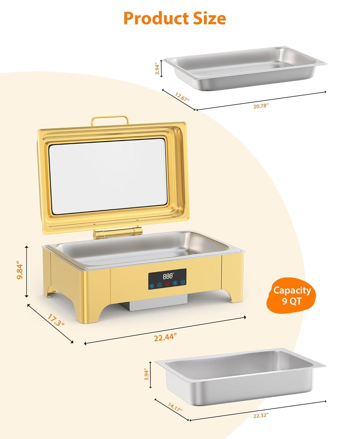 Gold Stainless Steel 9QT Electric Chafing Dish with Touch Screen