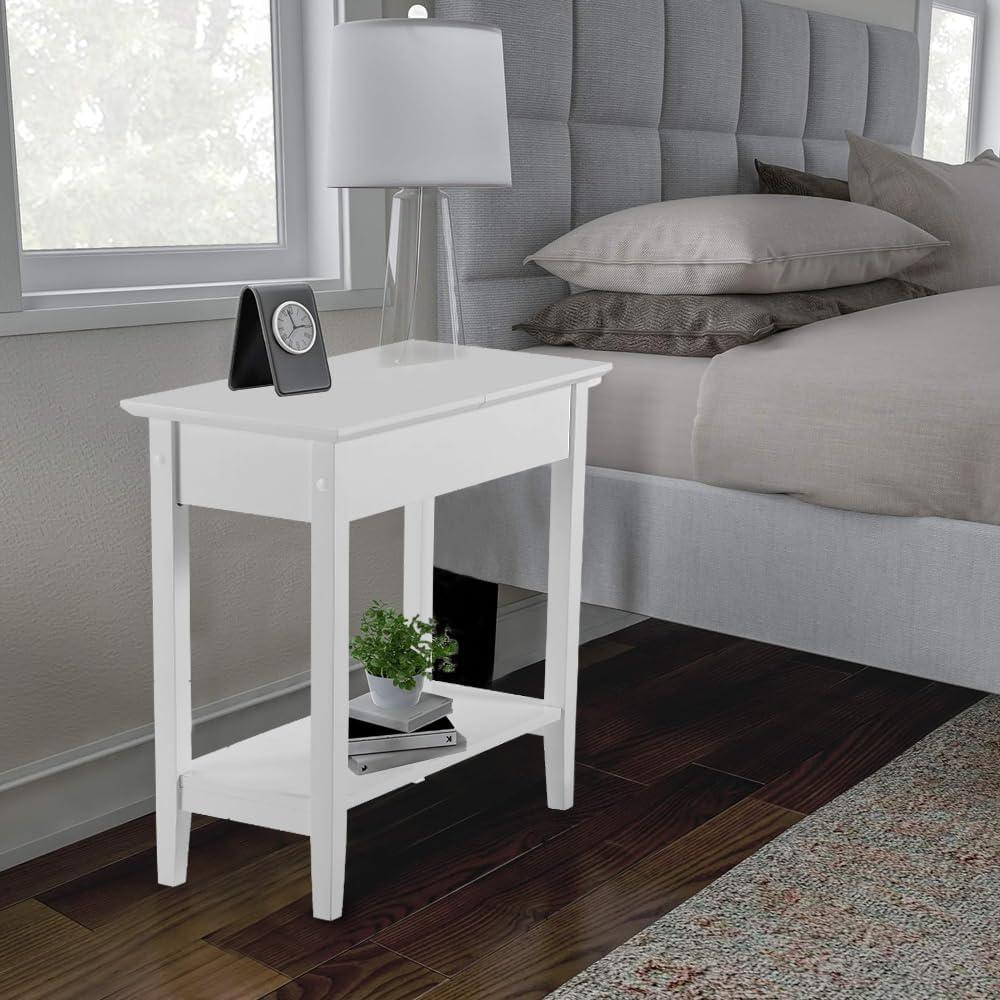 Flip Top Narrow End Table with Storage, Narrow Side Tables for Small Spaces, Slim End Table with Storage Shelf, Skinny Nightstand Sofa Table for Bedroom, Living Room - White