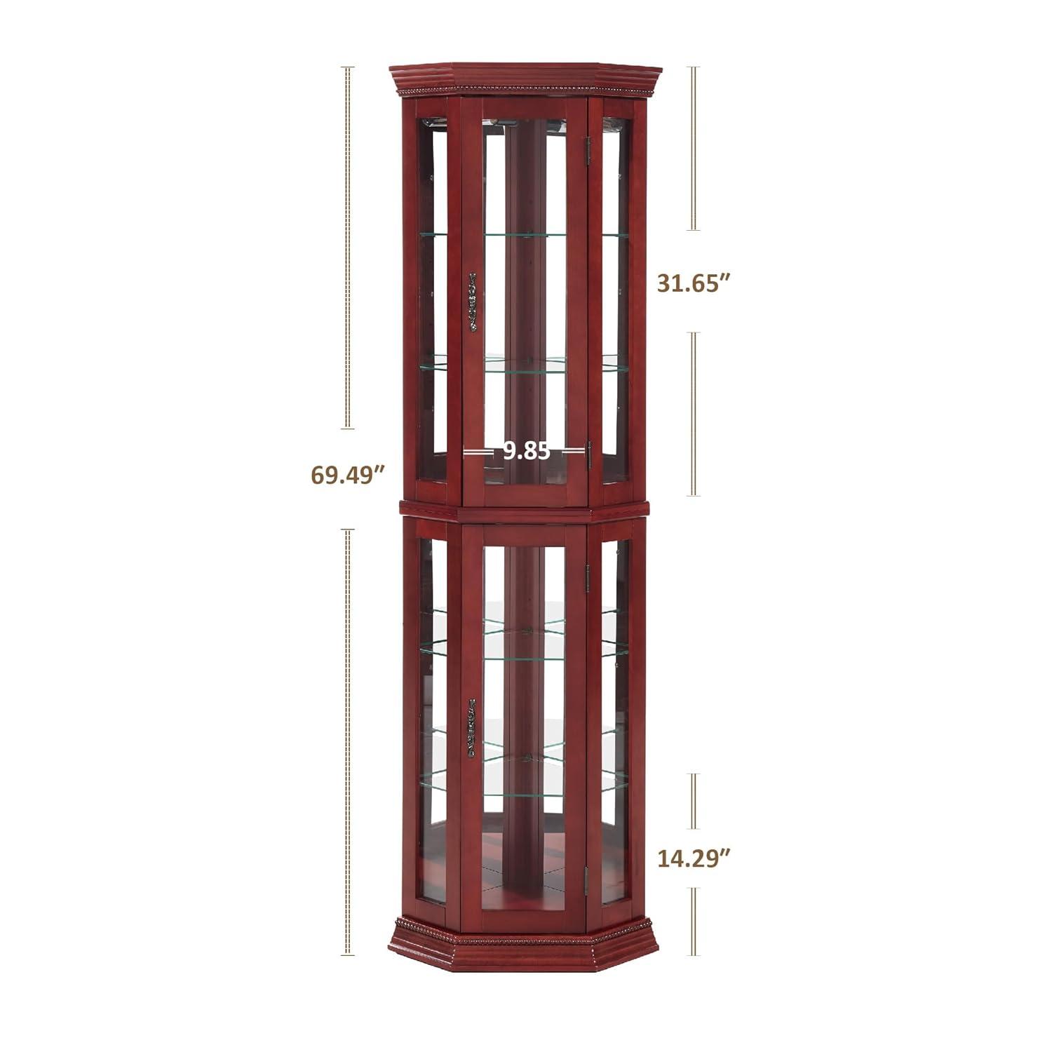 Lighted 3-Side Glass Display Curio Cabinet with Tempered Glass Doors and Shelves, Curved Wood Corner Cabinet with Bulb, Cherry