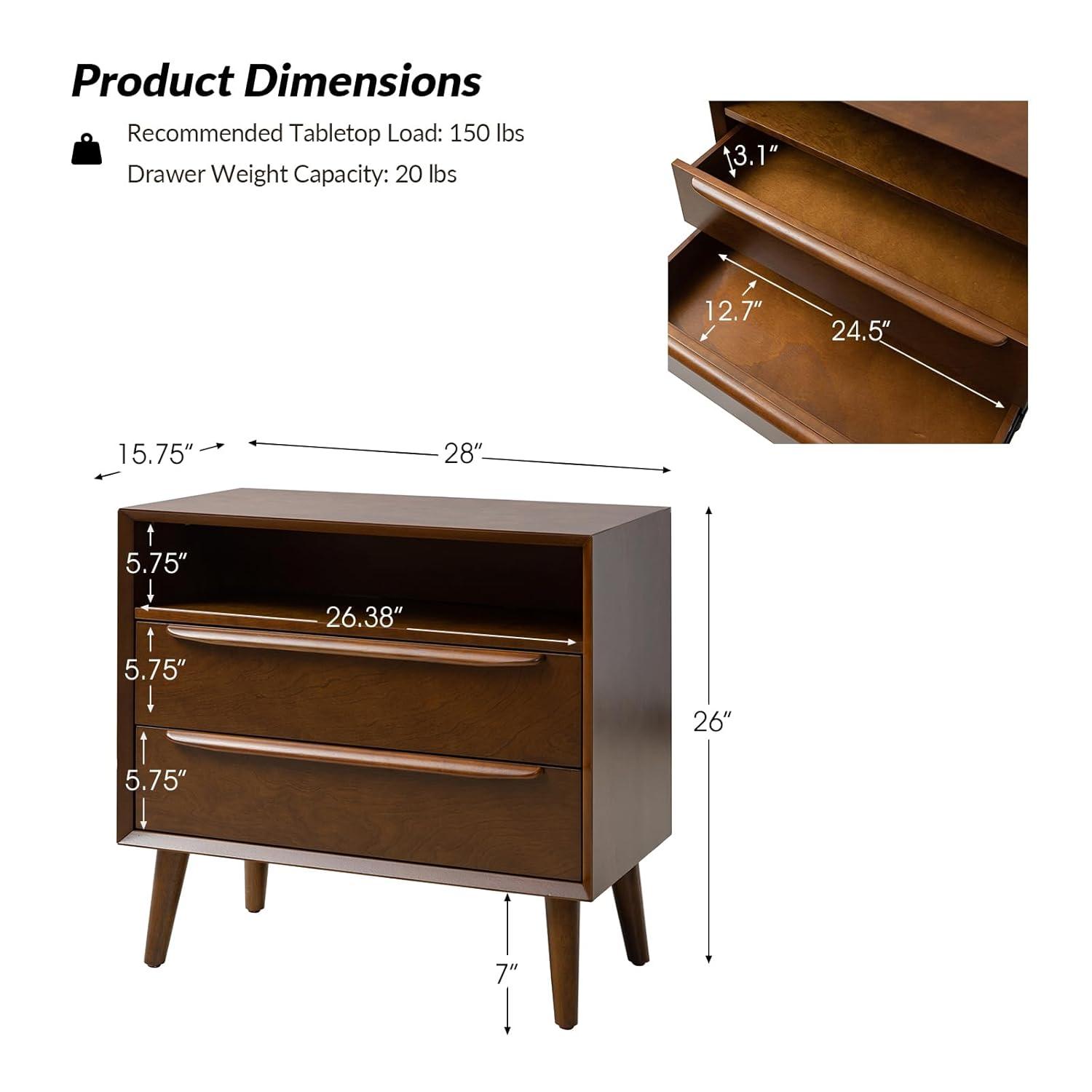 Margery Mid-century Modern 2 - Drawer Nightstand with Built-In Outlets | HULALA HOME-WALNUT