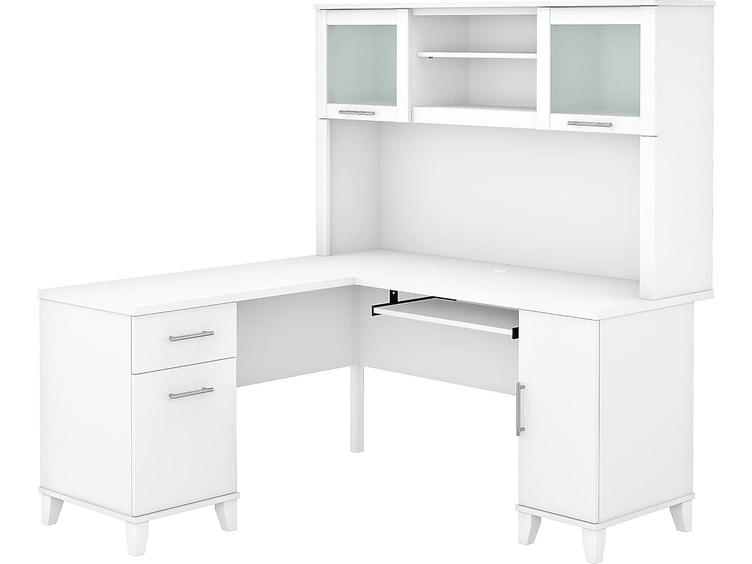 Bush Furniture Somerset 60 in L Desk with Hutch, Keyboard Tray, File and Storage in White