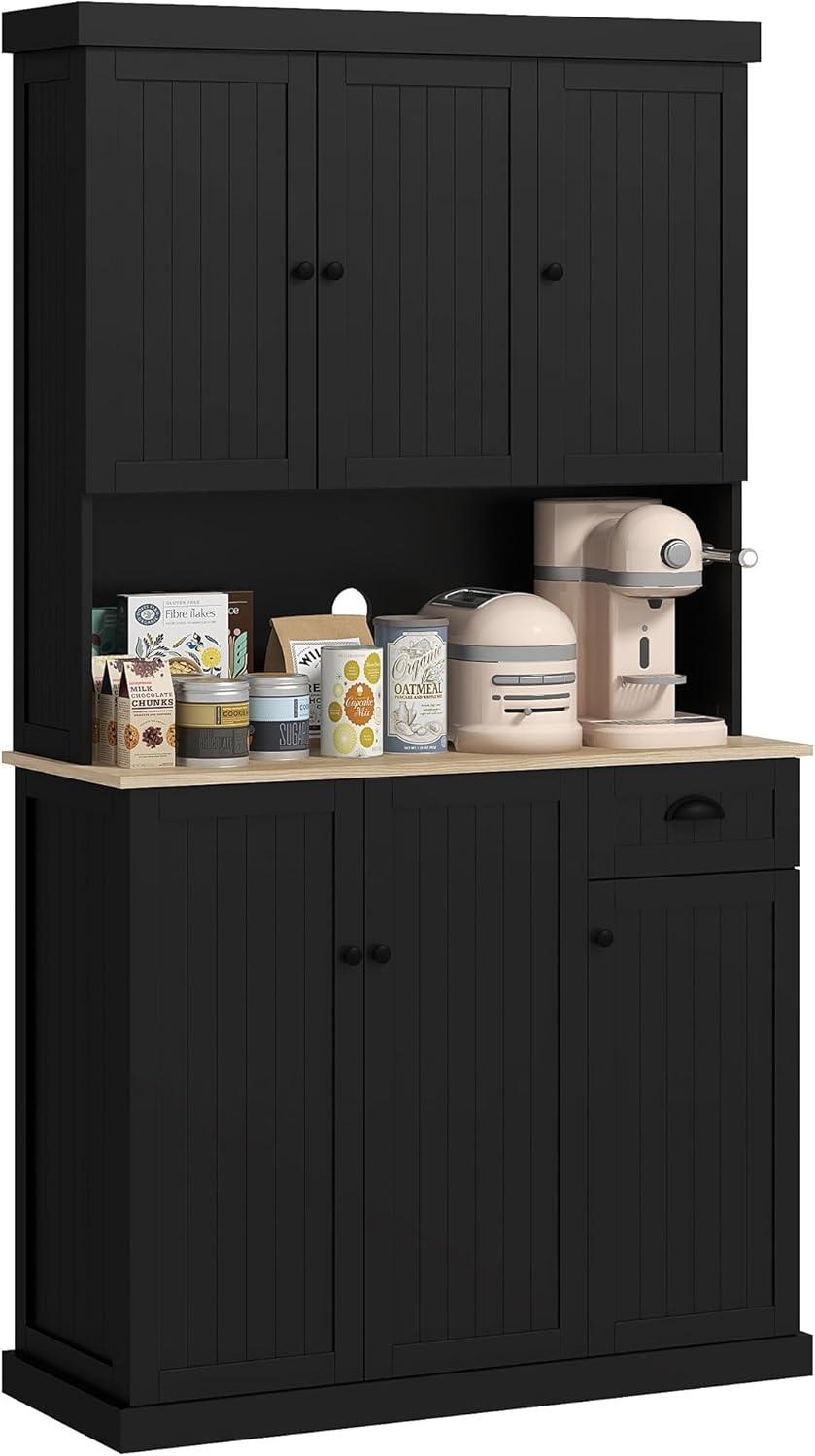 71" Buffet With Hutch, Modern Farmhouse Kitchen Pantry Storage Cabinet With Microwave Oven Countertop, Drawer, And Cupboard, Black