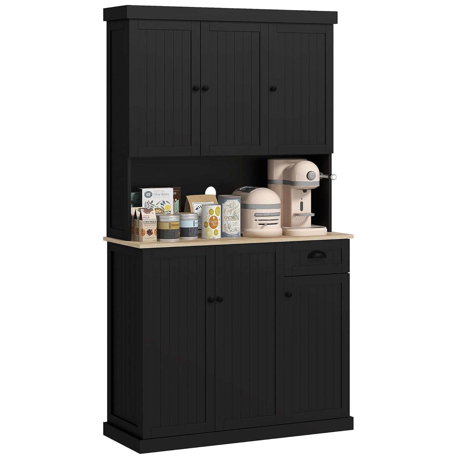 Lark Manor™ 71" Buffet With Hutch, Modern Farmhouse Kitchen Pantry Storage Cabinet With Microwave Oven Countertop, Drawer, And Cupboard, Black
