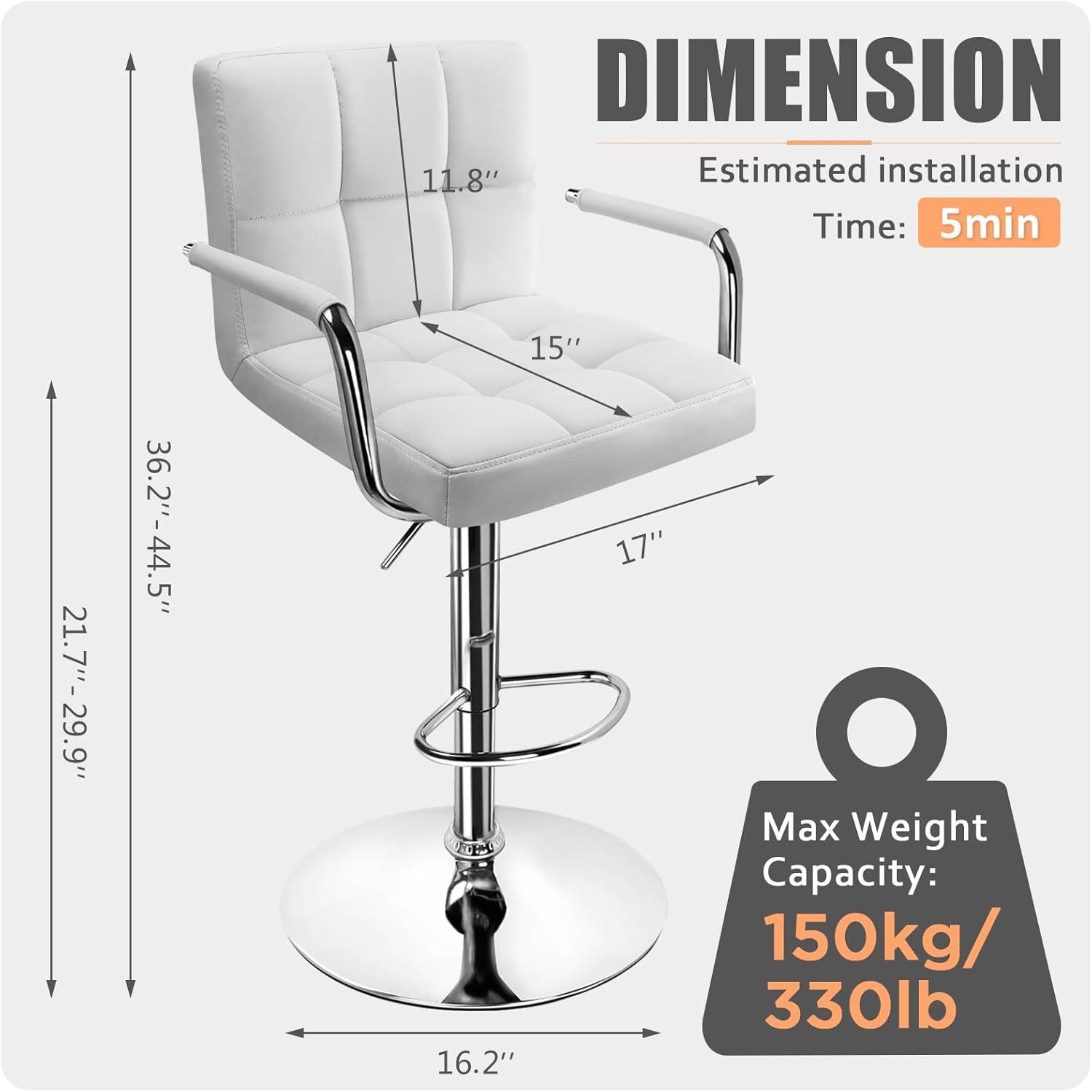 Luxvie Bar Stools Set of 2 with Back and Arms Swivel Bar Chairs Counter Height Barstools Adjustable Bar Chair for Home and Kitchen Counter(White/Silver, 2pcs)