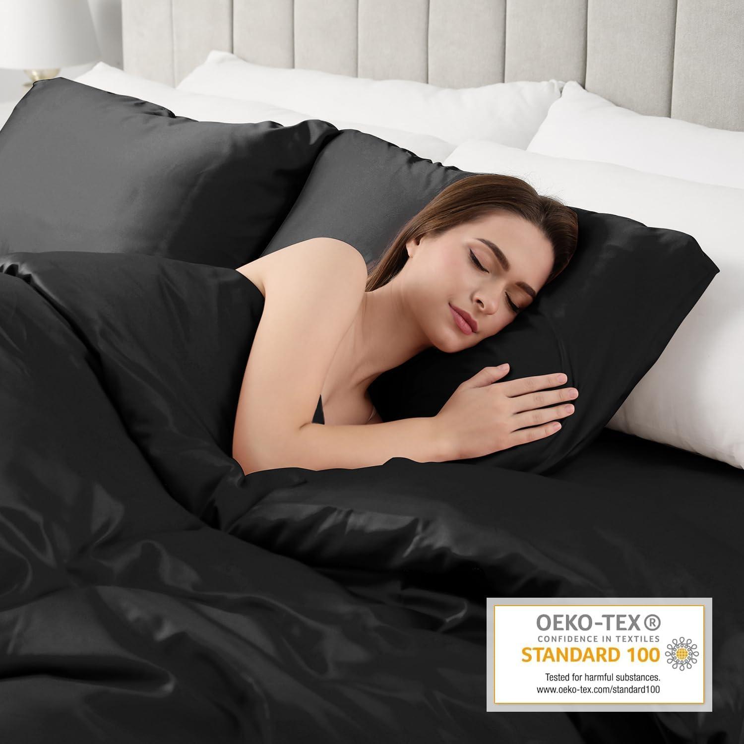 Lirex 2-Pack Microfiber Silk Pillowcase, King Size, Satin Soft, Envelope Closure, Black, Adult