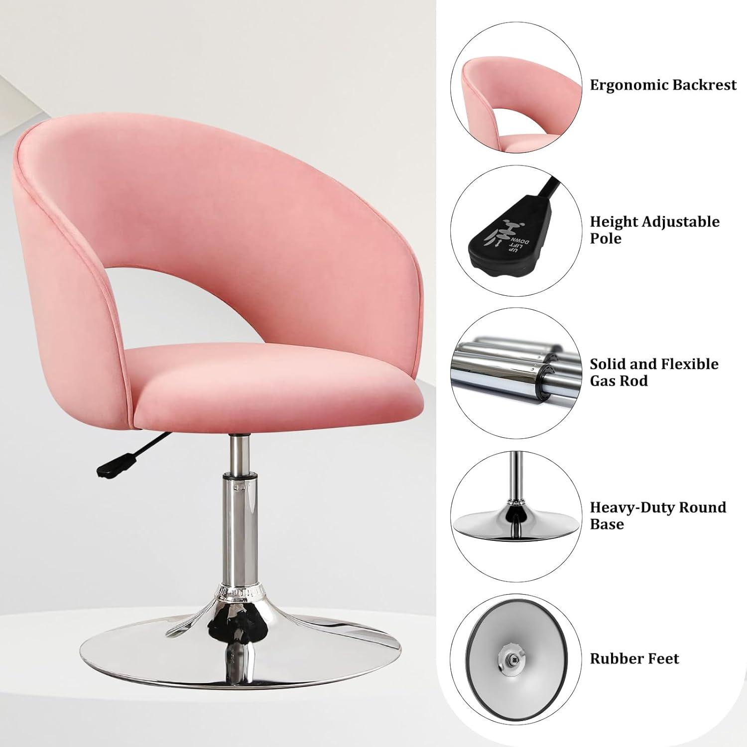 Furniliving Velvet Swivel Chair Upholstered Accent Chair Adjustable Mid-Backrest Leisure Chairs,Pink