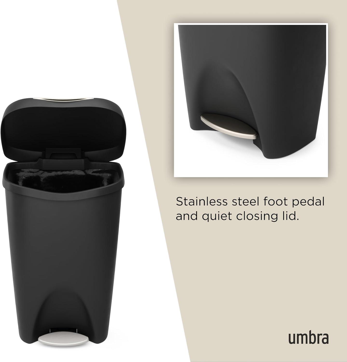 Umbra 13gal Brim Step Trash Can Black/Nickel: Kitchen Trash Can, 50 Quart, Indoor, Polypropylene, Spot Clean