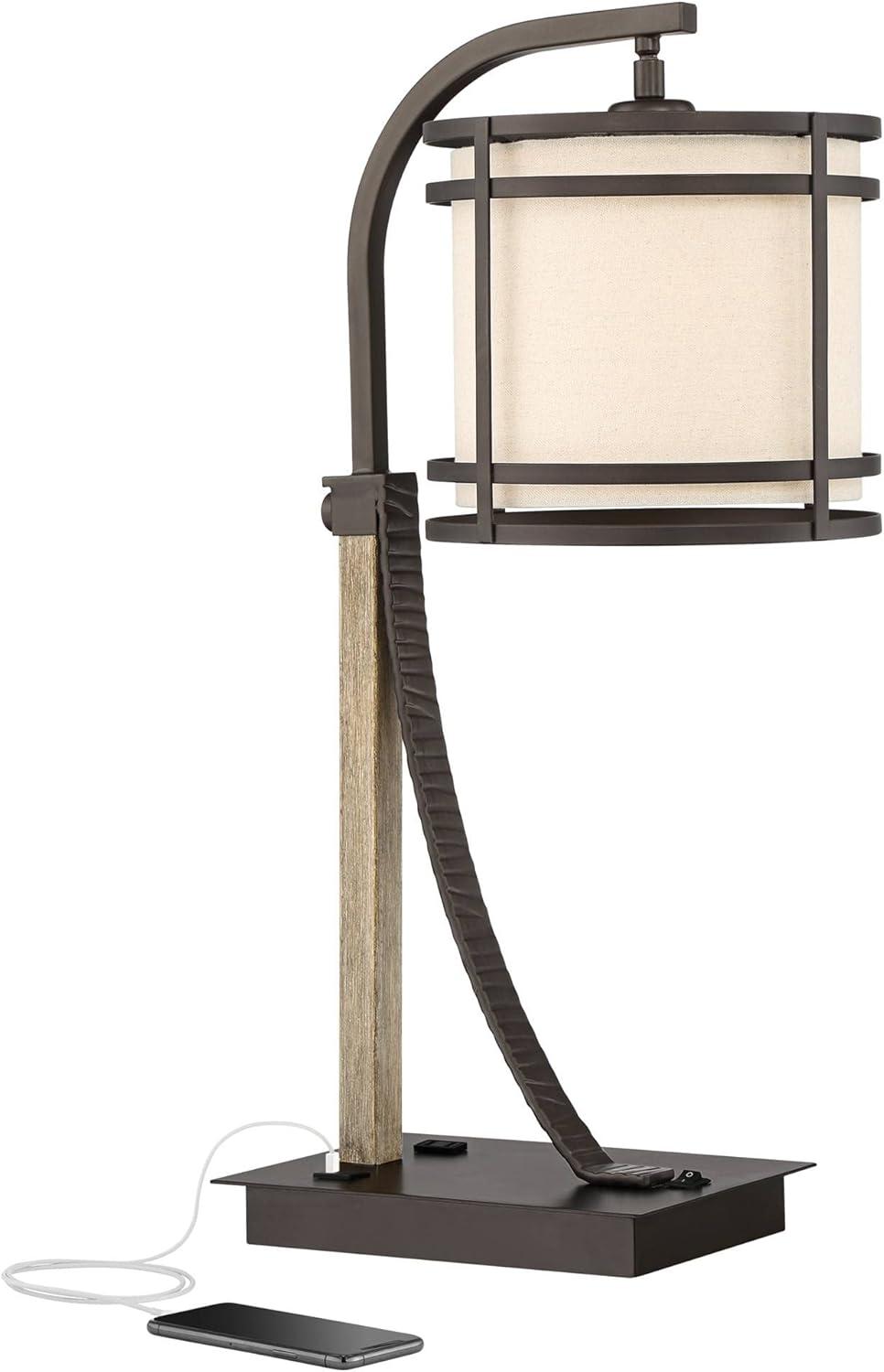 Franklin Iron Works Gentry Industrial Desk Lamp 22" High Oil Rubbed Bronze Faux Wood Cage with USB and AC Power Outlet in Base Oatmeal Shade for Desk