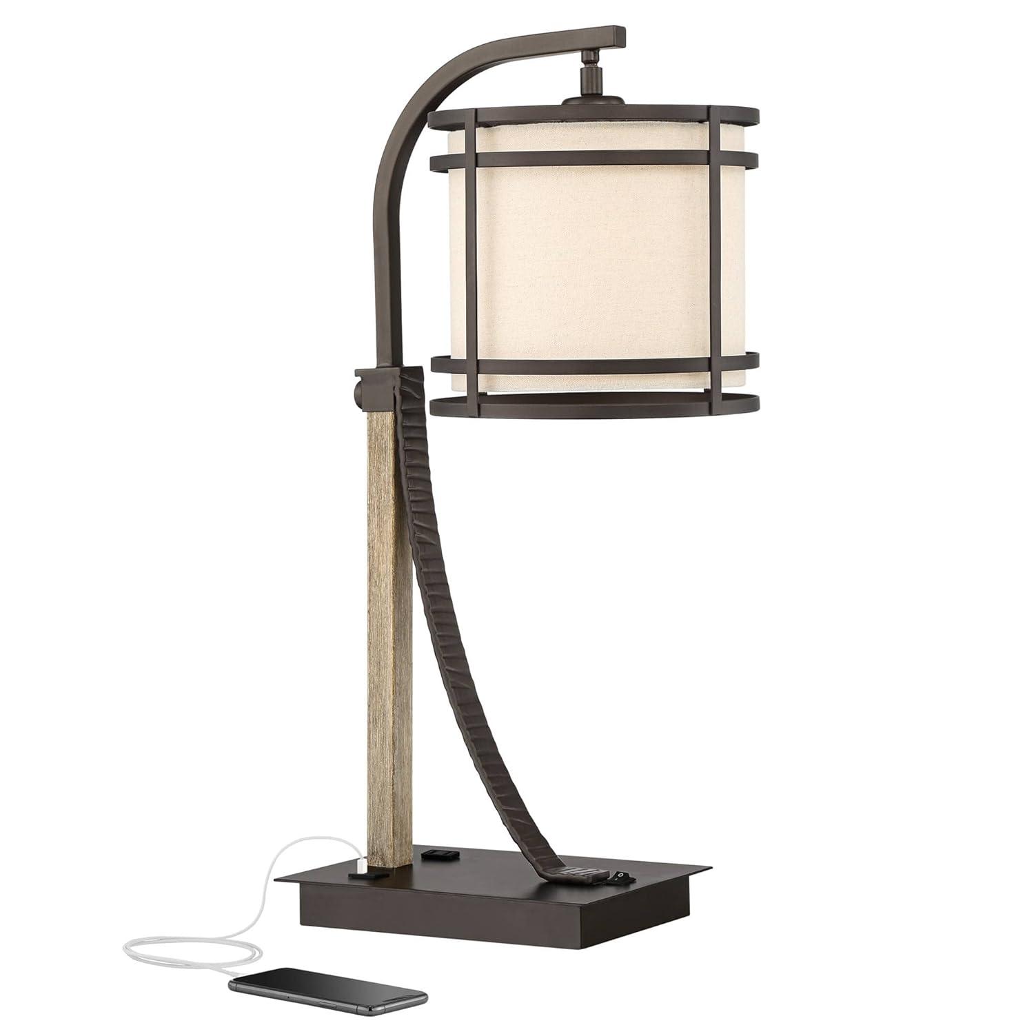 Franklin Iron Works Gentry Industrial Desk Lamp 22" High Oil Rubbed Bronze Faux Wood Cage with USB and AC Power Outlet in Base Oatmeal Shade for Desk