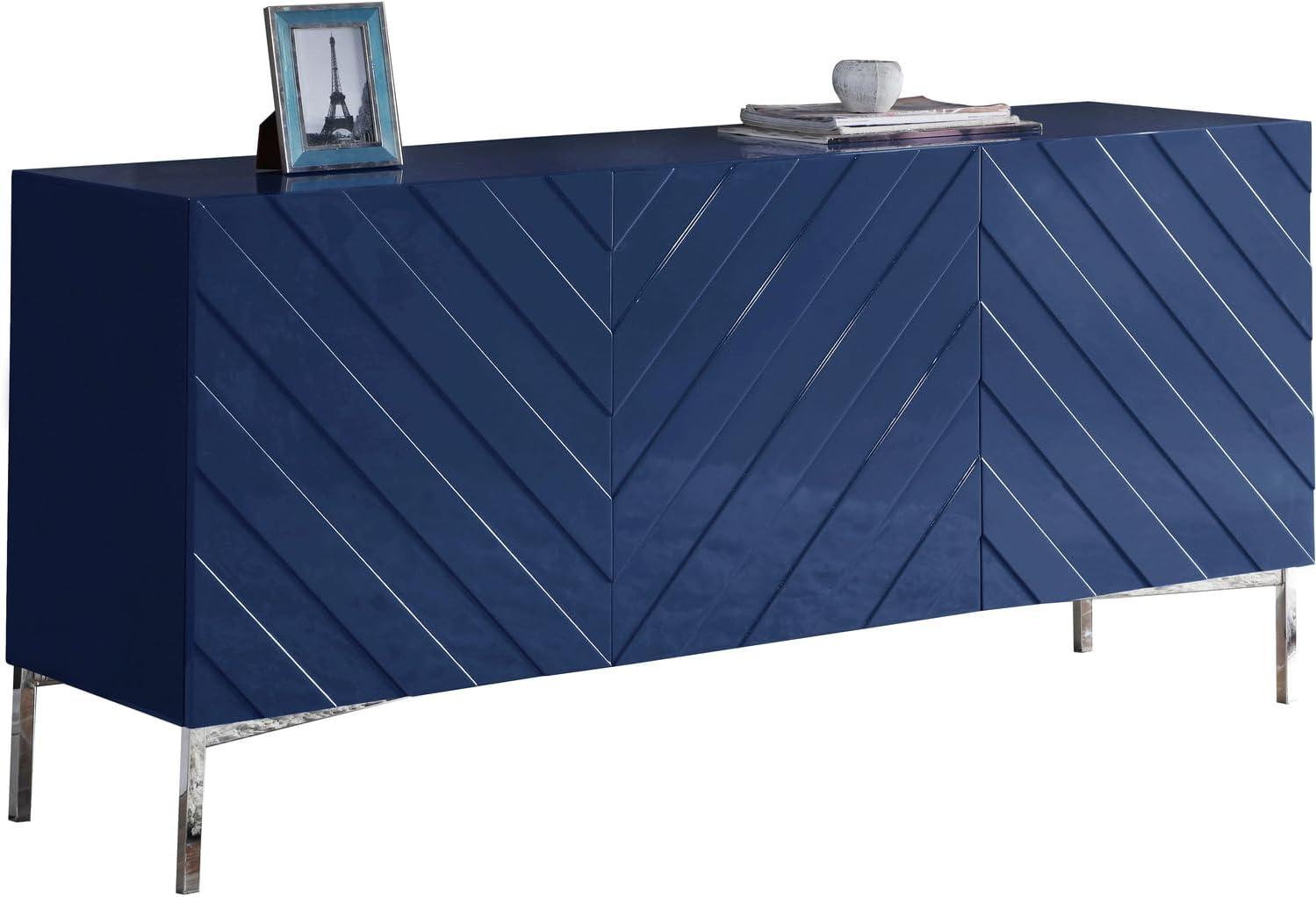 Collette Navy Lacquer and Chrome 64" Contemporary Sideboard Buffet