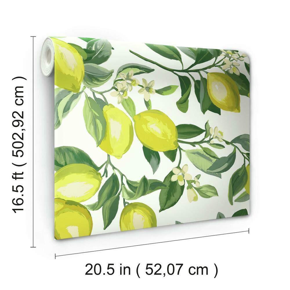 RoomMates Lemon Zest Peel and Stick Wallpaper Yellow/White: Removable Vinyl Botanical Fruit Pattern, Self-Adhesive, 28.2 Sq Ft Coverage