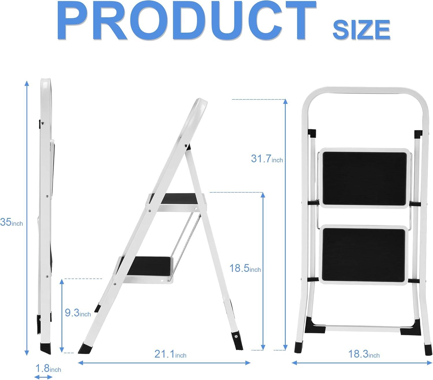 J&V TEXTILES 2 Step Ladder, Lightweight Folding Step Stools for Adults with Anti-Slip Pedal, Portable Sturdy Steel Ladder with Handrails, Perfect for Kitchen & Household, 330 lbs Capacity 2 Step