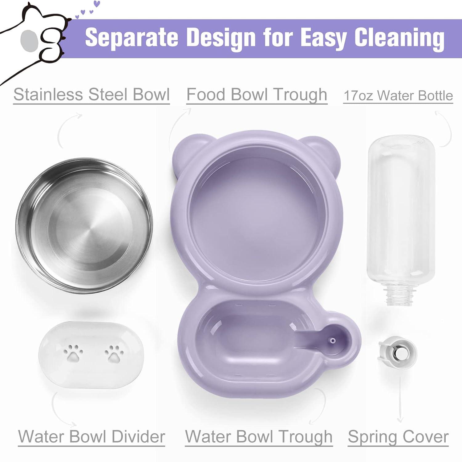 Dog Bowls, Cat Food and Water Bowl Set with Water Dispenser and Stainless Steel Bowl for Cats and Small Dogs - Purple