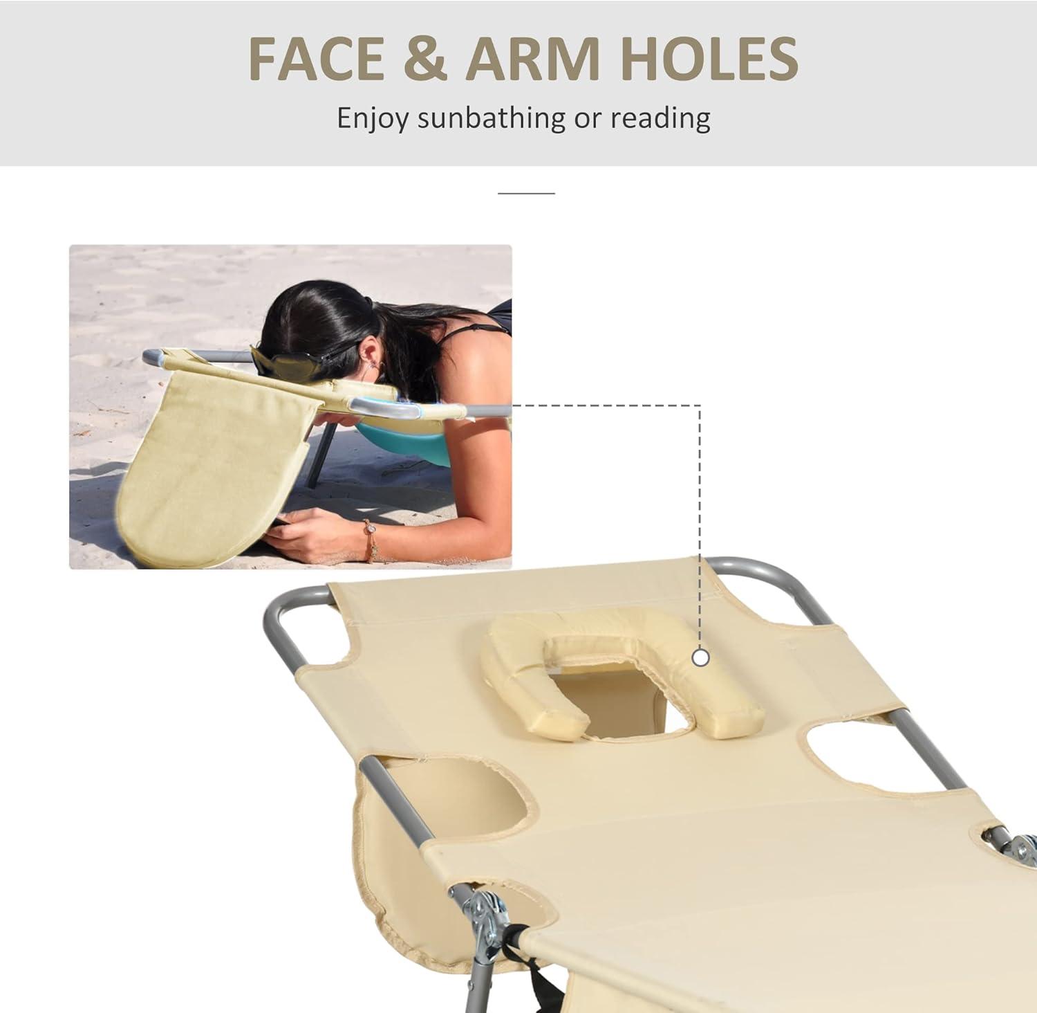 Outsunny Folding Beach Lounge Chair with Face Hole and Arm Slots, 5-Level Adjustable Sun Lounger Tanning Chair with Pillow for Patio, Garden, Beach, Pool, Dark Blue