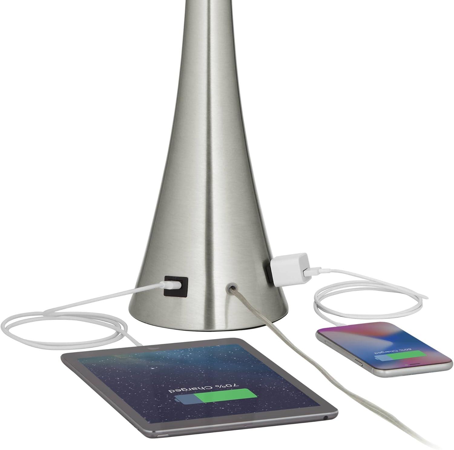 360 Lighting Karl Modern Table Lamps 27 1/2" Tall Set of 2 Brushed Nickel with USB and AC Power Outlet in Base Blue Hardback Drum Shade for Bedroom