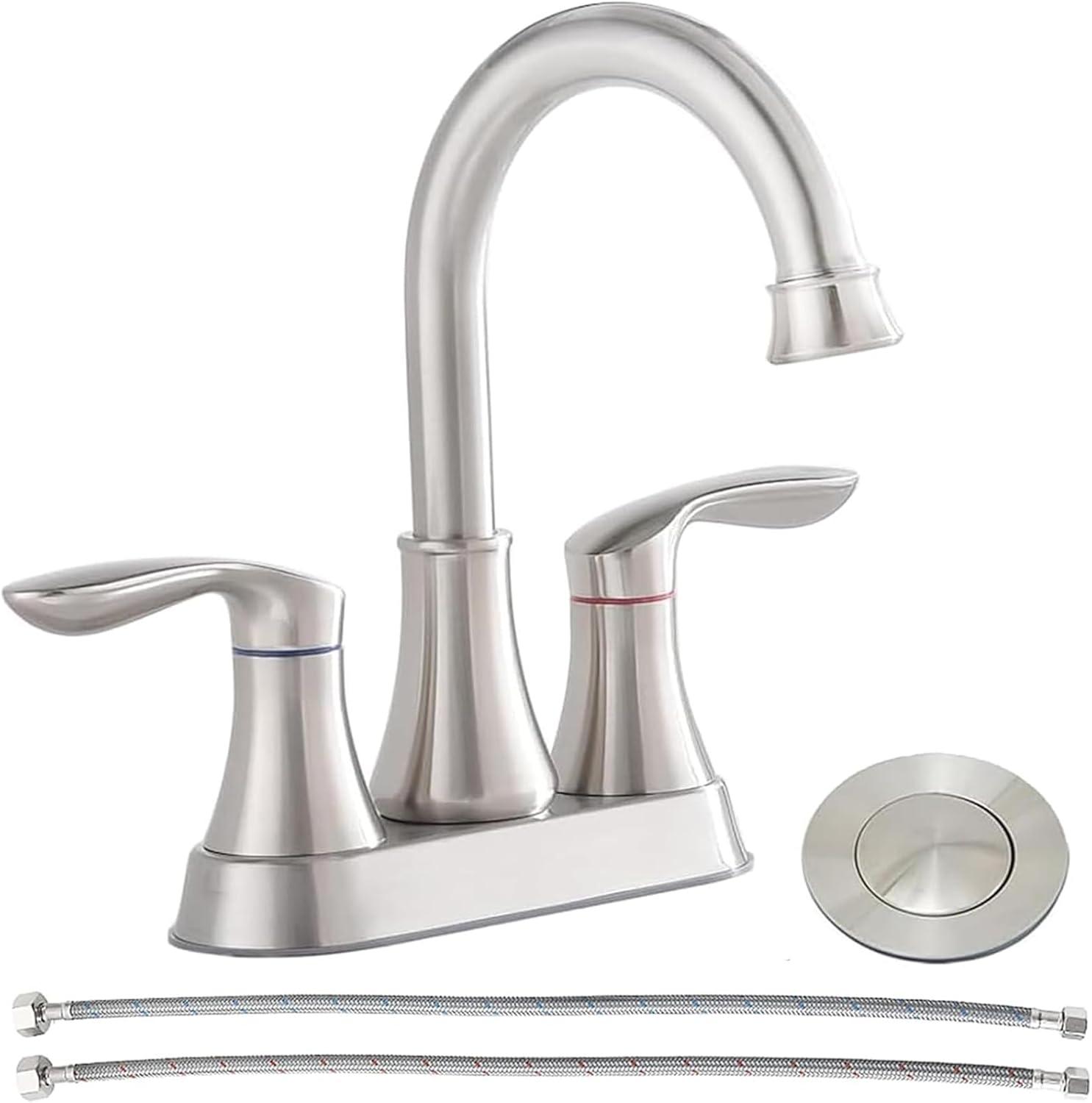 Brushed Nickel Bathroom Faucet, 2-Handle Lead-Free 360° Swivel High-Arc Spout 4 Inch Centerset Bath Lavatory Vanity Sink Faucets Set for Sinks with Drain & Water Hoses, VABM80008L