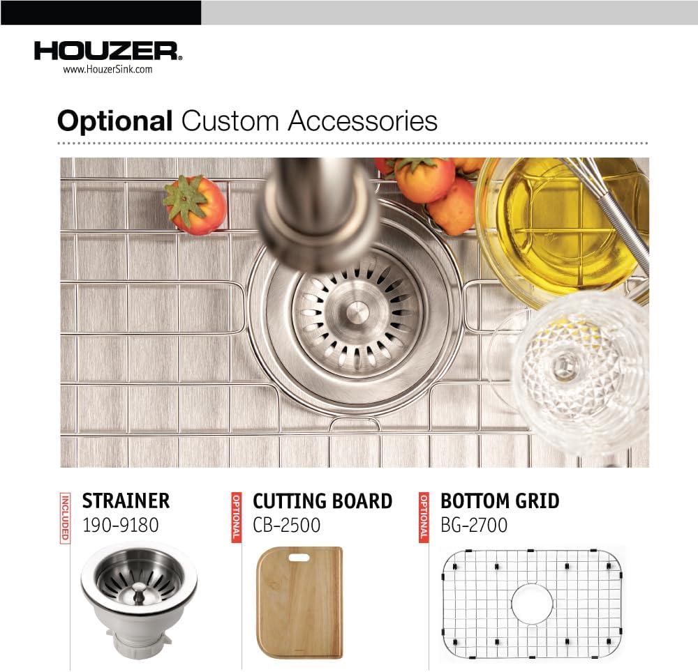 Houzer 27 in Stainless Undermount Single D Bowl Kitchen Sink with Strainer- MS-2700-1