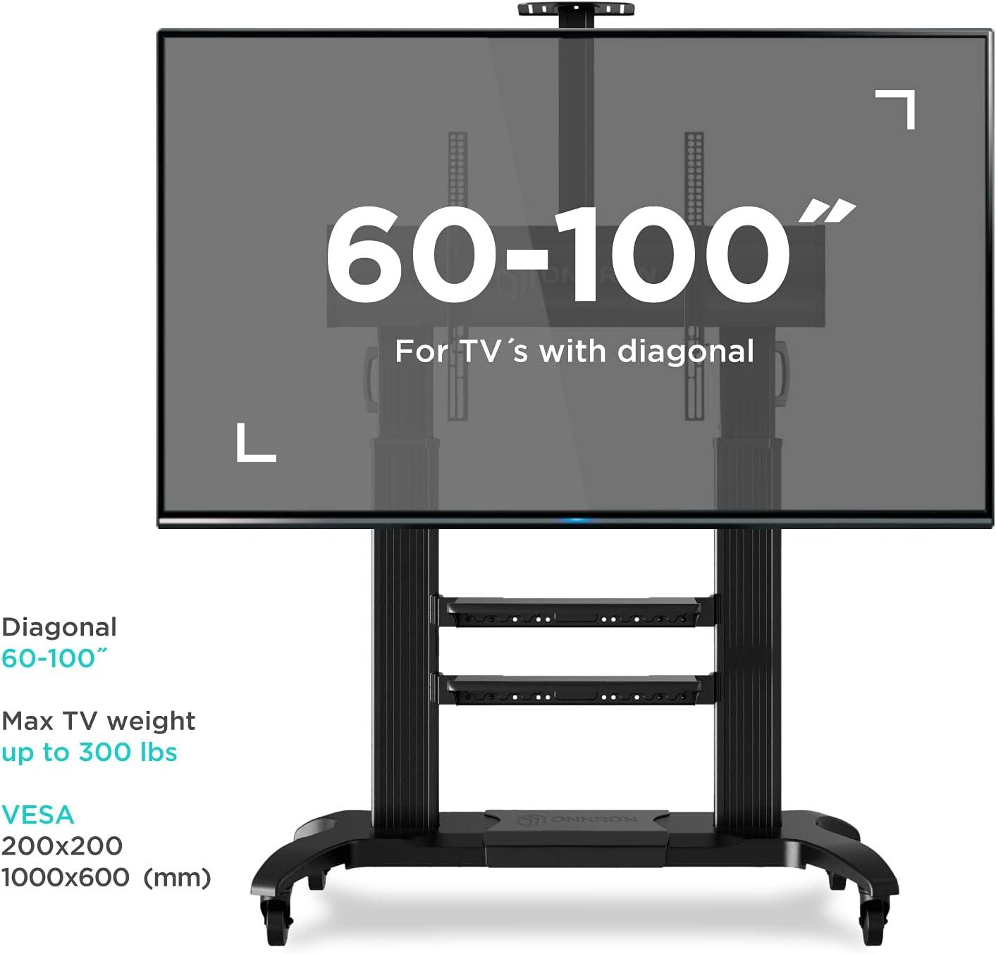 ONKRON Mobile TV Stand for 60-100 Inch Flat/Curved TV up to 301 lbs, Heavy Duty TV Stand Height Adjustable