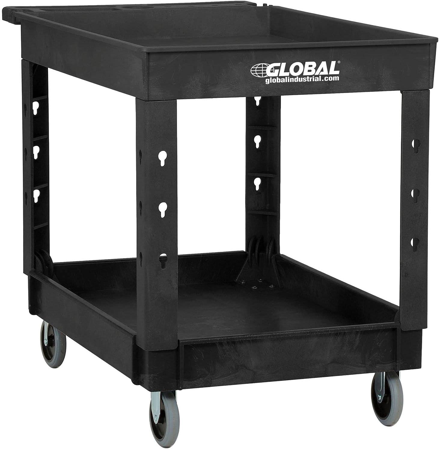 Plastic 2 Tray Black Shelf Service & Utility Cart, 44 x 25.5, 5 in. Rubber Casters