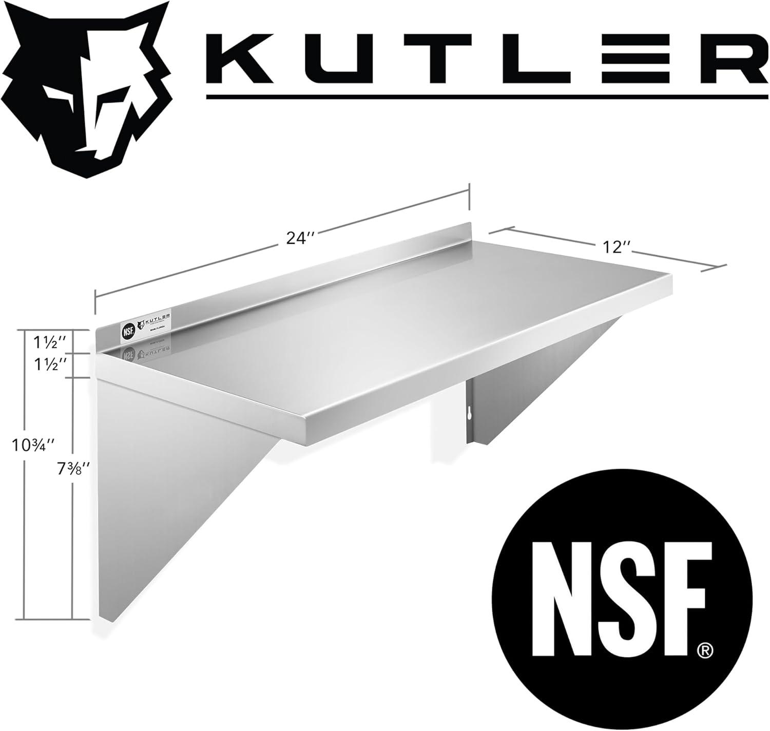 KUTLER Stainless Steel Shelf, NSF Commercial Wall Mount Shelves w/ Backsplash, Floating Metal Mounted Shelving for Restaurant, Kitchen, Home