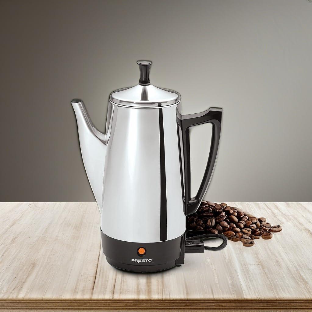 Presto Stainless Steel Coffee Maker, 12 Cup Robust Percolator Coffee Machine for Kitchens with Filter Basket and Signal Light, Silver