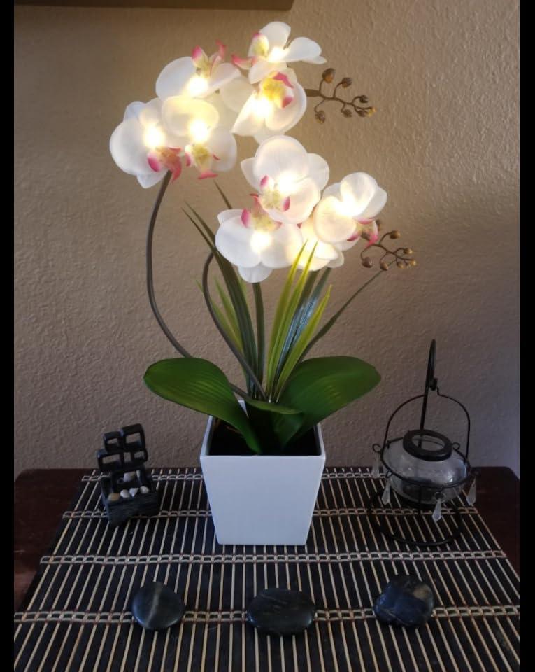 White LED Lighted Artificial Orchid Arrangement in Square Pot