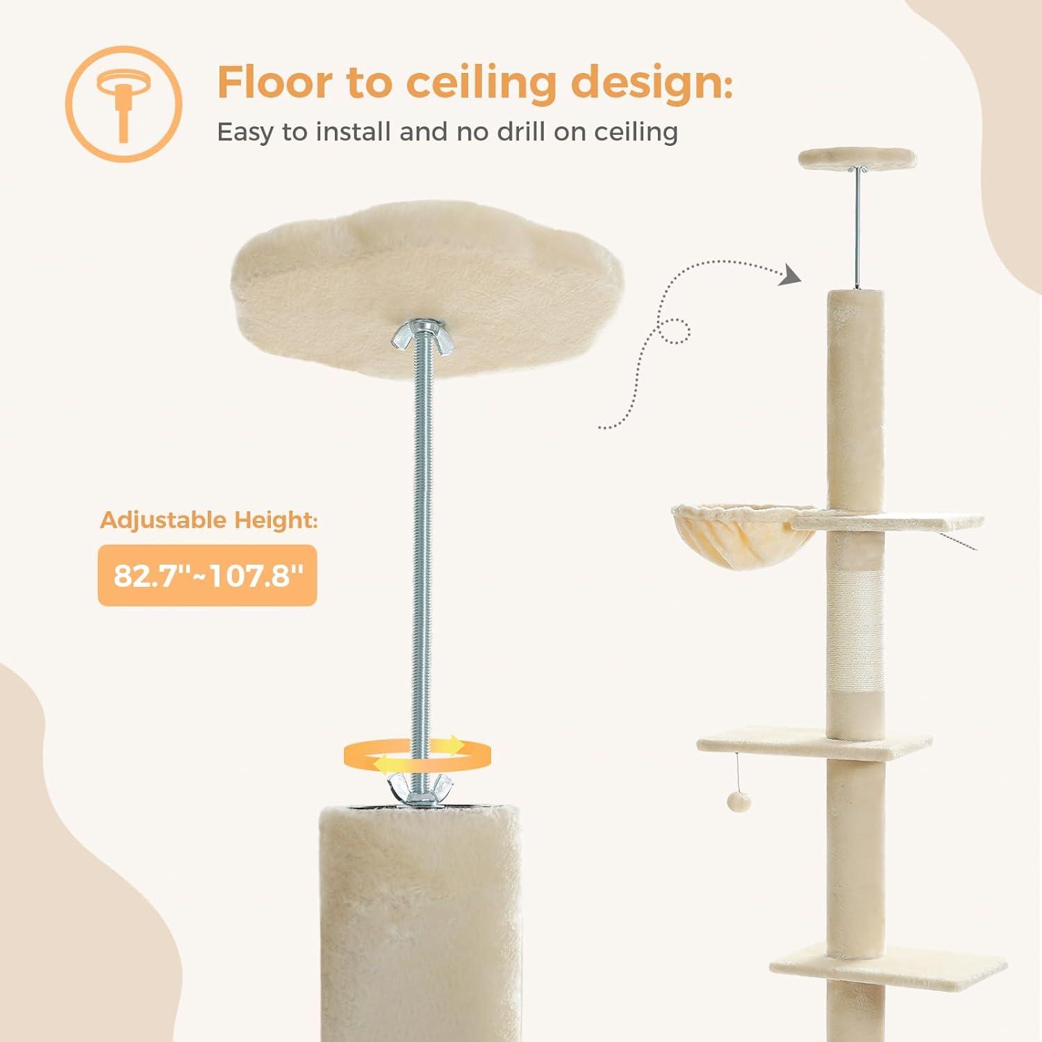 Adjustable Height Floor To Ceiling 5-Tier Tall Cat Tree Tower For Indoor Cats With Cat Condo, Cat Scratching Post And Cat Ladder