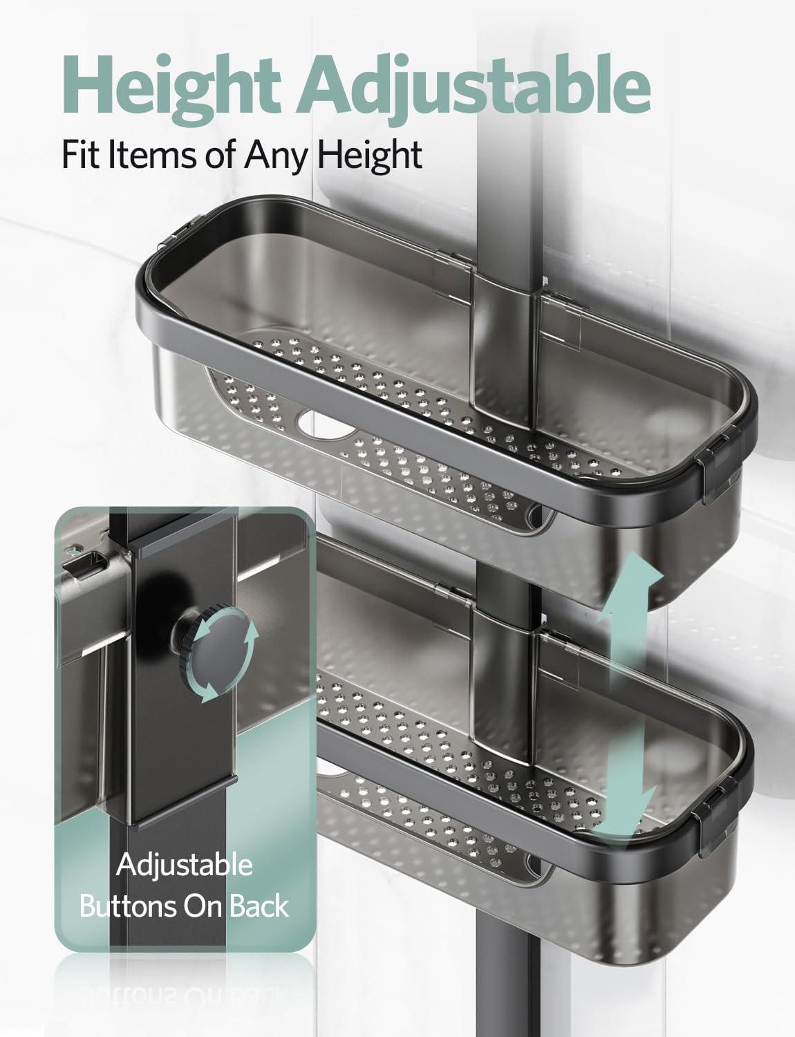 LAMU Over-the-Shower Head Organizer, 3-Shelf Aluminum Shower Caddy, Black