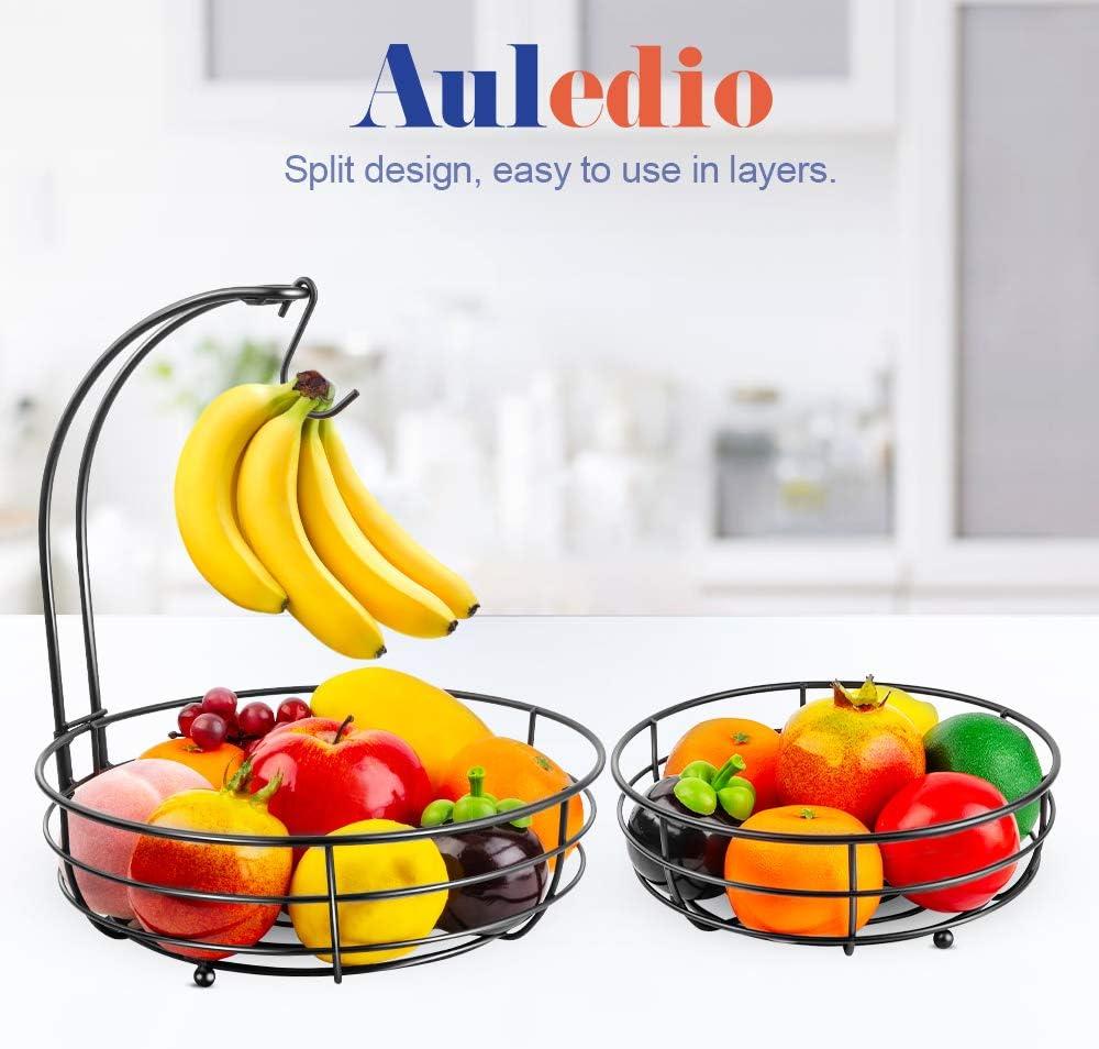 Auledio 2 Tier Metal Fruit Basket with Banana Hanger Detachable Organization and Storage for Kitchen (Black)