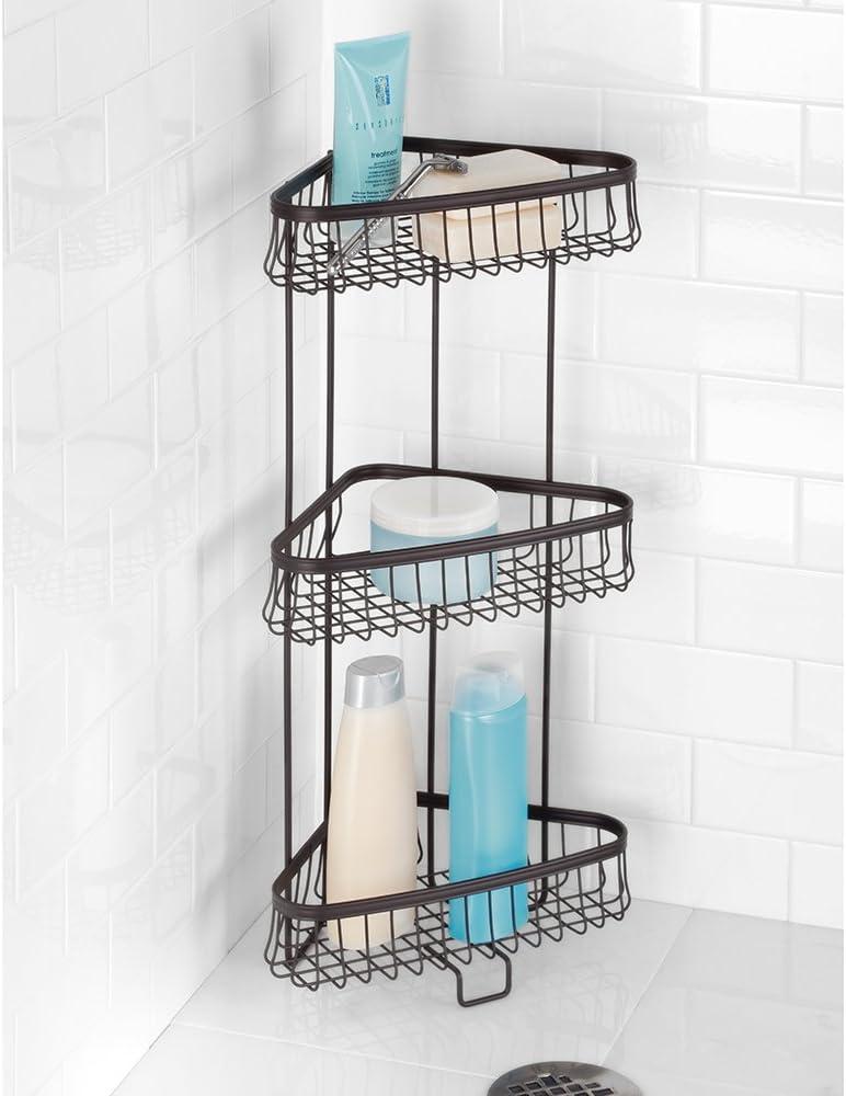 InterDesign iDesign York Metal Wire Corner Standing Shower Caddy 3-Tier Bath Shelf Baskets for Towels, Soap, Shampoo, Lotion, Accessories, Bronze