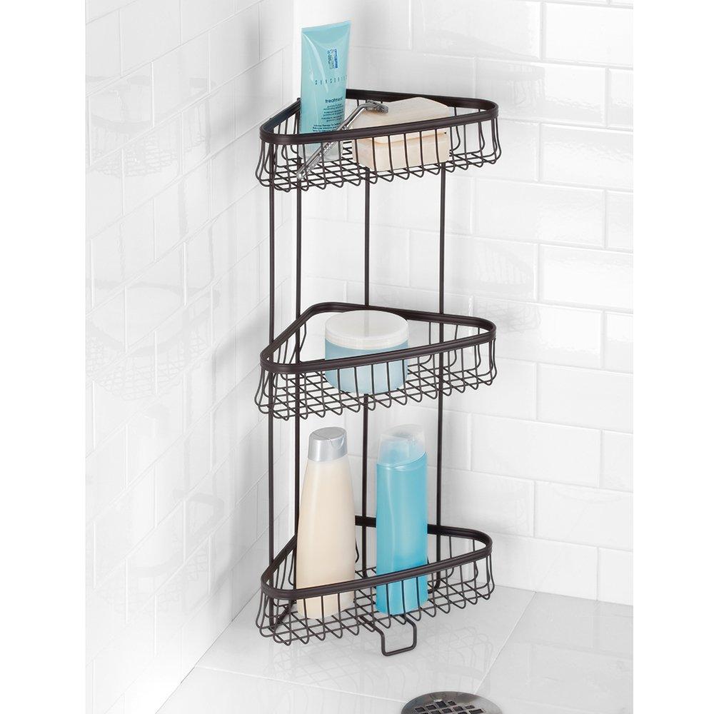 InterDesign iDesign York Metal Wire Corner Standing Shower Caddy 3-Tier Bath Shelf Baskets for Towels, Soap, Shampoo, Lotion, Accessories, Bronze